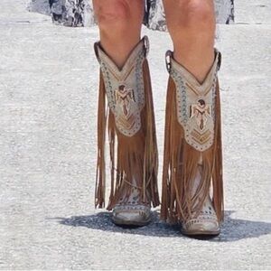 BEAST FASHION Tan Fringe Western  Boots with Turquoise Accents